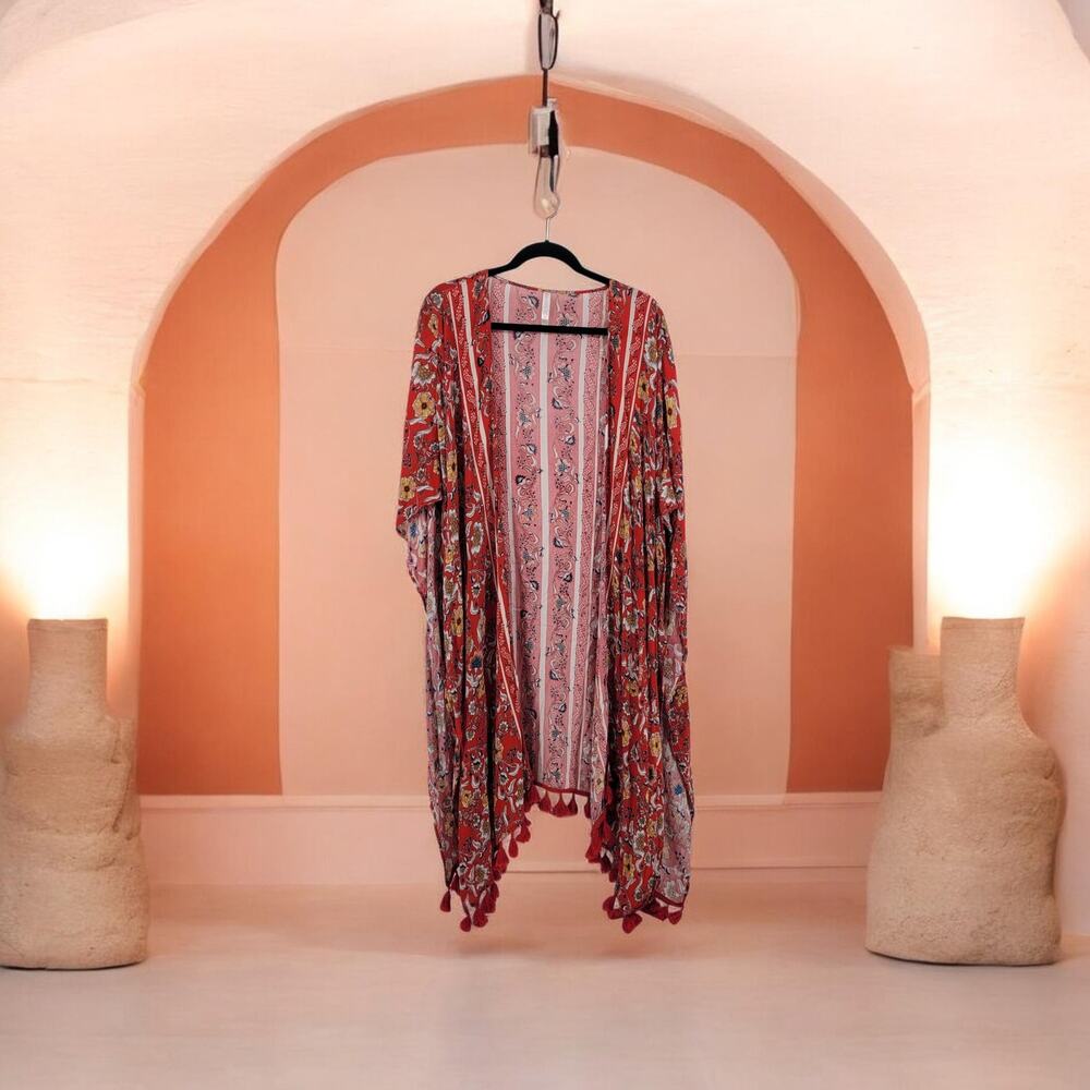 Xhilaration's Women’s 2XL Red Floral Open Front Kimono Boho Duster Fringe